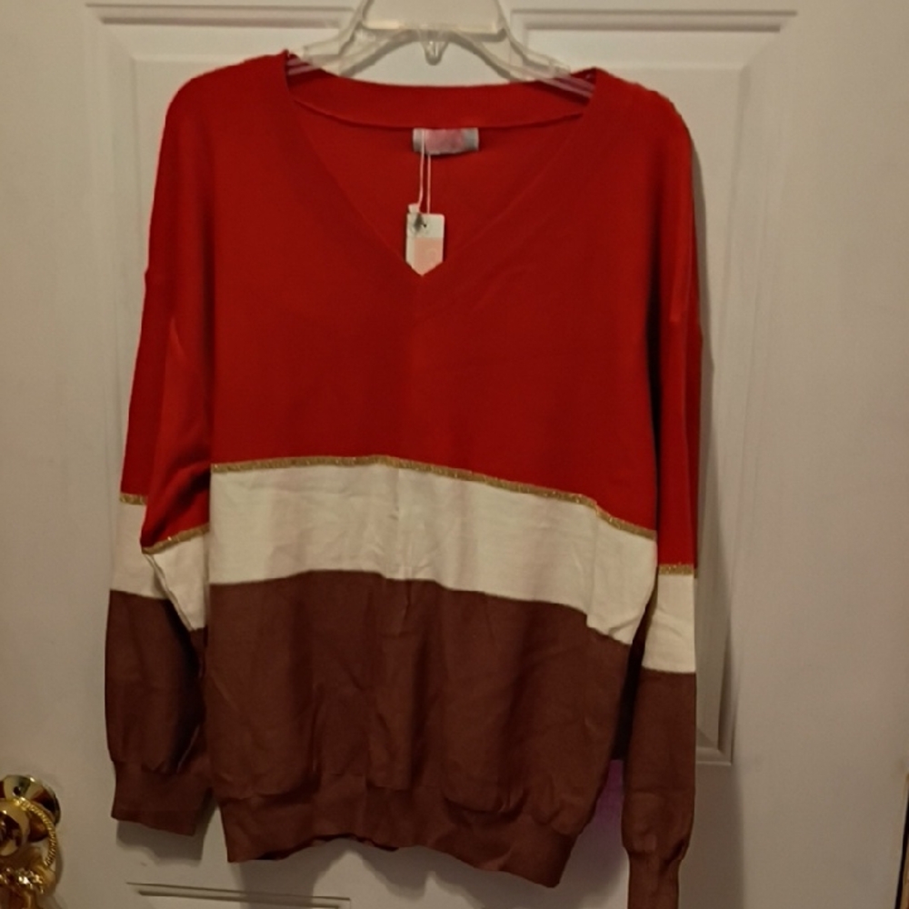 NWT CDM Women's M Colorblock V-Neck Sweater